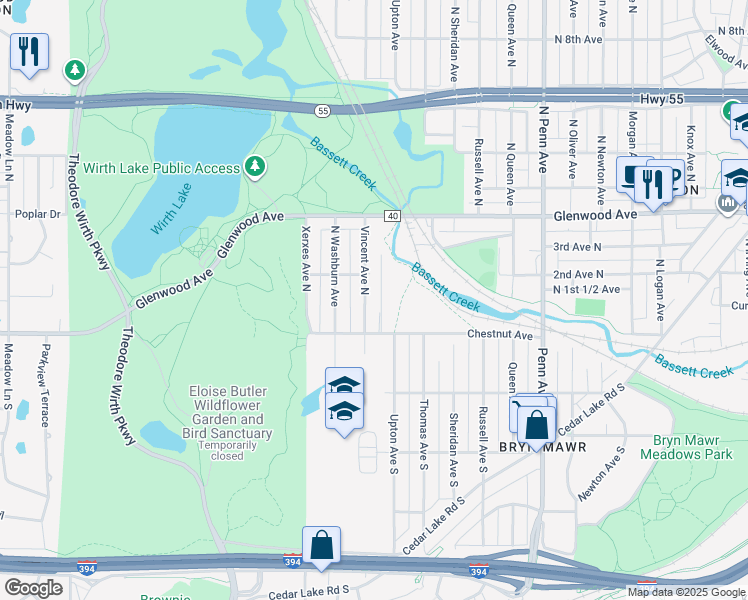 map of restaurants, bars, coffee shops, grocery stores, and more near 2716 Chestnut Avenue in Minneapolis