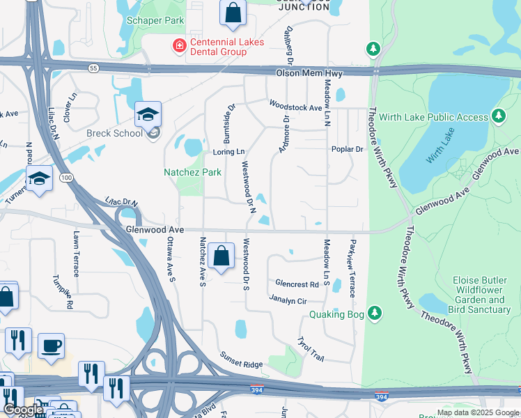 map of restaurants, bars, coffee shops, grocery stores, and more near 6 Westwood Drive North in Minneapolis