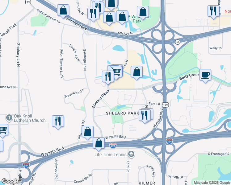 map of restaurants, bars, coffee shops, grocery stores, and more near 301 Shelard Parkway in St. Louis Park