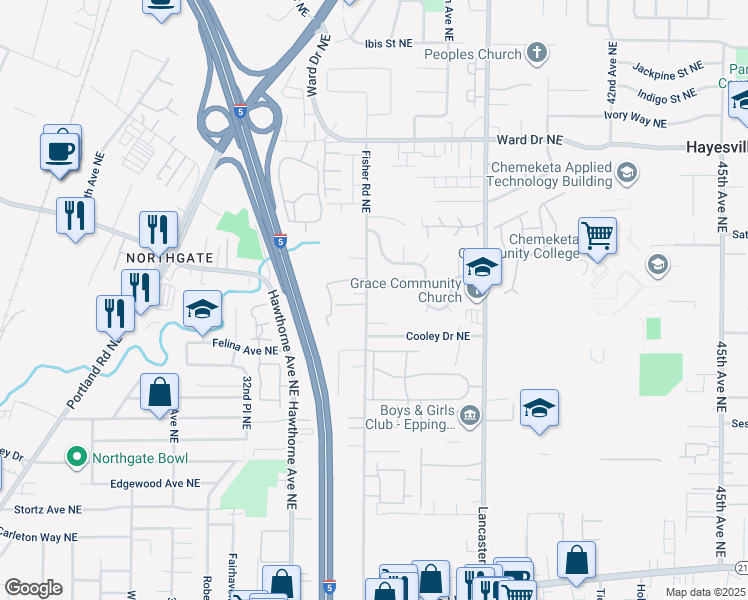 map of restaurants, bars, coffee shops, grocery stores, and more near 4120 Fisher Road Northeast in Salem