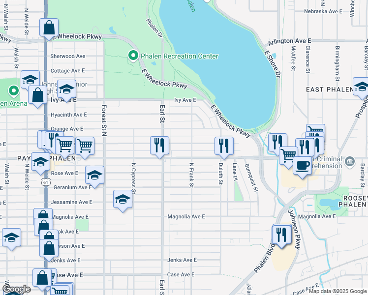 map of restaurants, bars, coffee shops, grocery stores, and more near 1104 Maryland Avenue East in Saint Paul