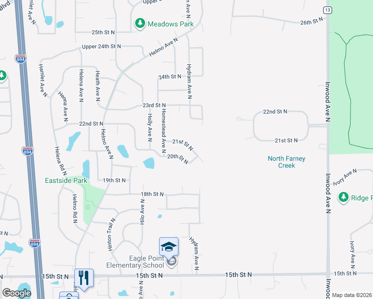 map of restaurants, bars, coffee shops, grocery stores, and more near 7906 20th Street North in Oakdale