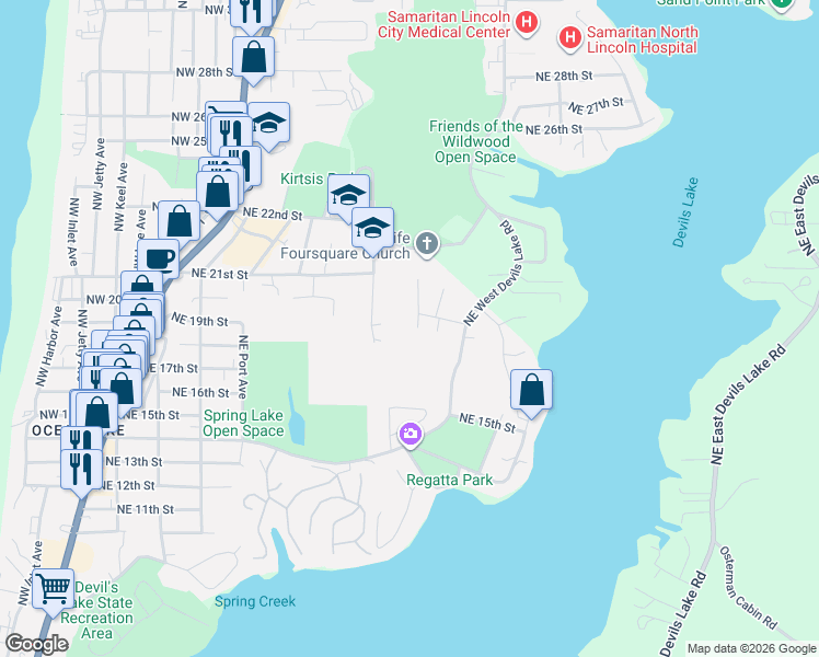 map of restaurants, bars, coffee shops, grocery stores, and more near 1830 Northeast Surf Avenue in Lincoln City