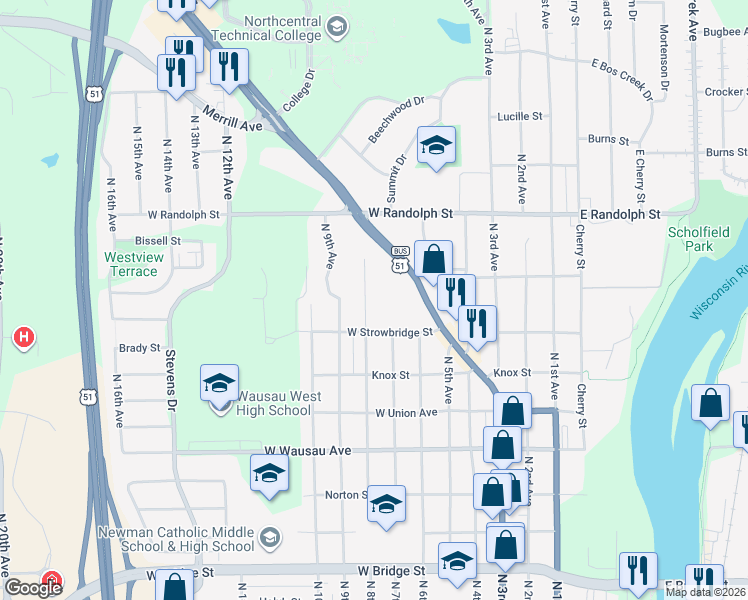 map of restaurants, bars, coffee shops, grocery stores, and more near 700 West Strowbridge Street in Wausau