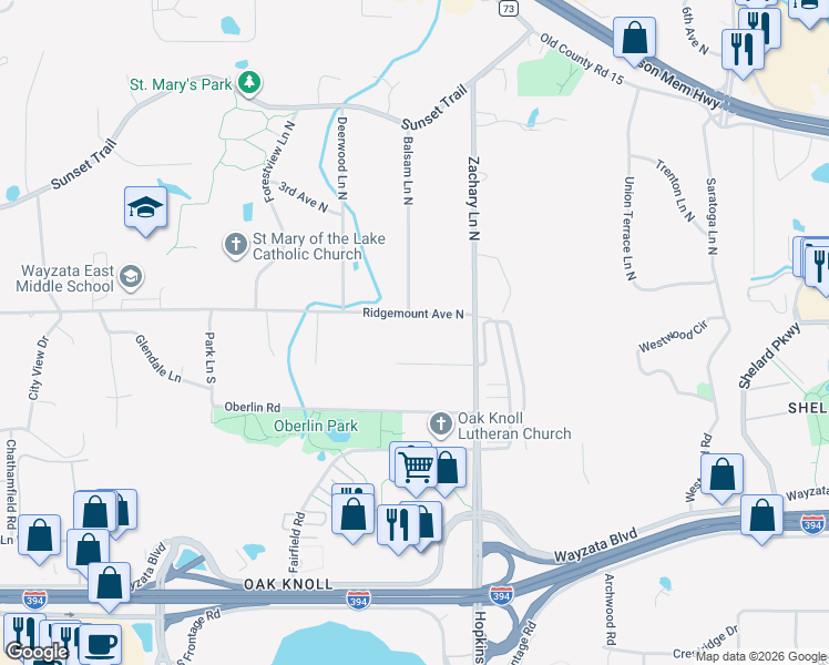 map of restaurants, bars, coffee shops, grocery stores, and more near 11302 Lorry Lane West in Minnetonka