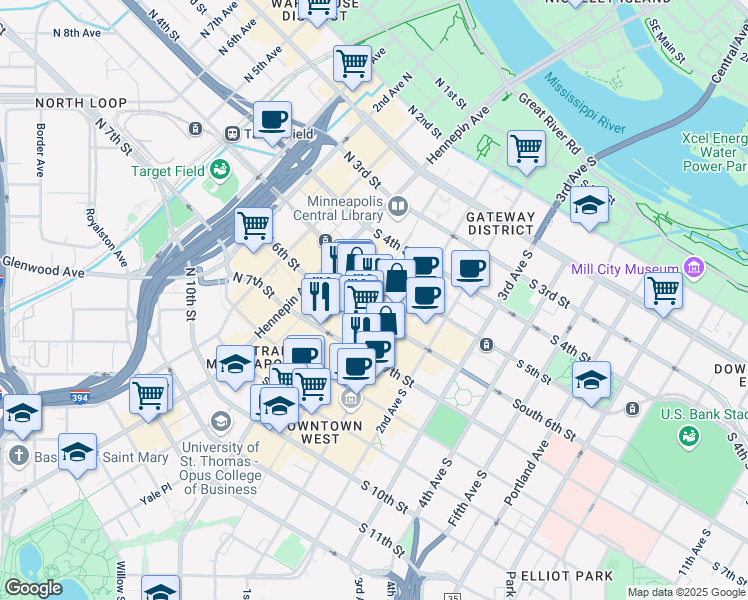 map of restaurants, bars, coffee shops, grocery stores, and more near 60 South 6th Street in Minneapolis