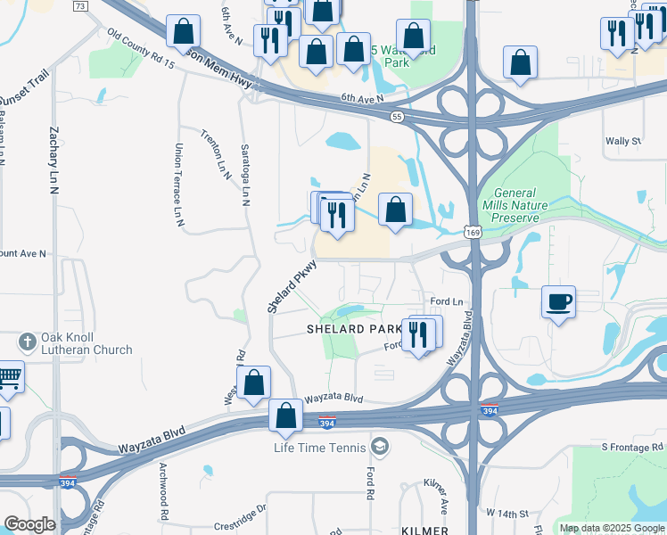 map of restaurants, bars, coffee shops, grocery stores, and more near 301 Shelard Parkway in St. Louis Park