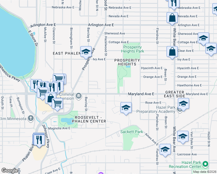 map of restaurants, bars, coffee shops, grocery stores, and more near 1224 Hazelwood Street in Saint Paul