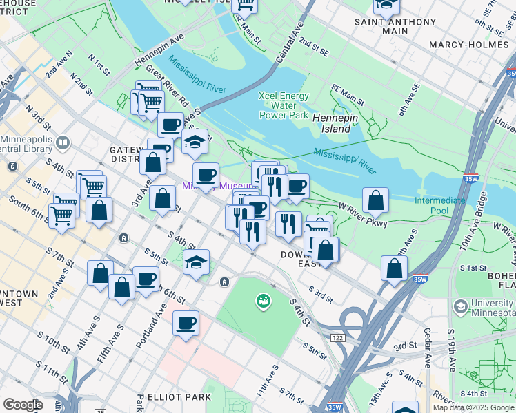 map of restaurants, bars, coffee shops, grocery stores, and more near 205 Park Avenue in Minneapolis