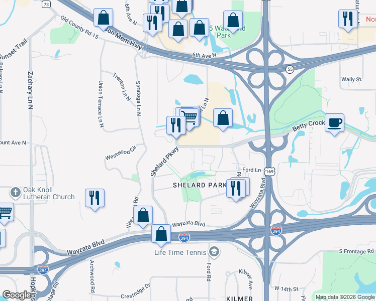 map of restaurants, bars, coffee shops, grocery stores, and more near 301 Shelard Parkway in St. Louis Park