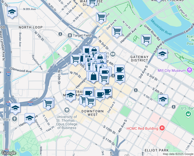 map of restaurants, bars, coffee shops, grocery stores, and more near 33 South 6th Street in Minneapolis