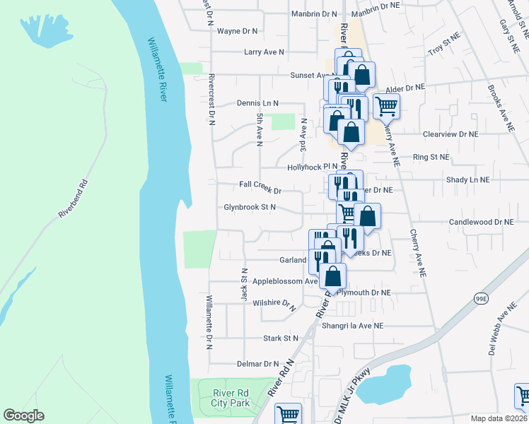 map of restaurants, bars, coffee shops, grocery stores, and more near 492 Glynbrook Street North in Keizer