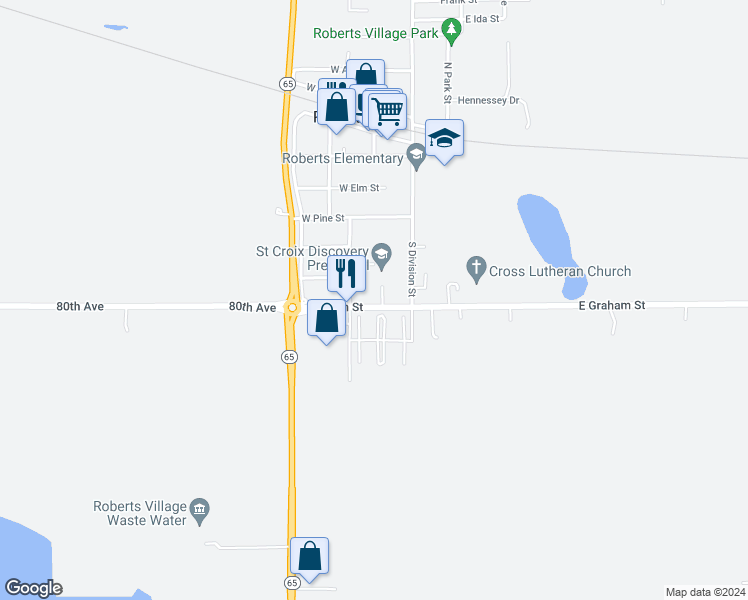 map of restaurants, bars, coffee shops, grocery stores, and more near 205 Graham Street in Roberts