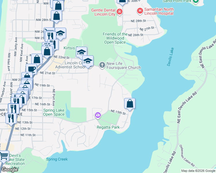 map of restaurants, bars, coffee shops, grocery stores, and more near 2758 Northeast 19th Street in Lincoln City