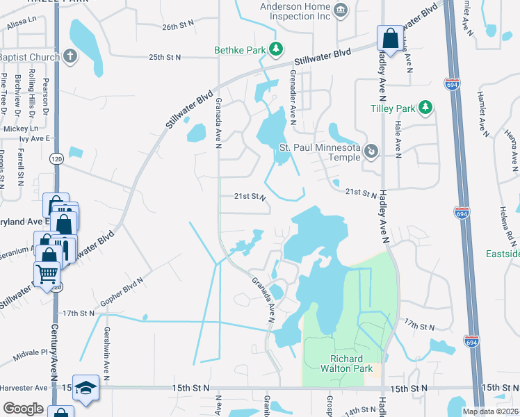 map of restaurants, bars, coffee shops, grocery stores, and more near 6638 21st Street North in Saint Paul