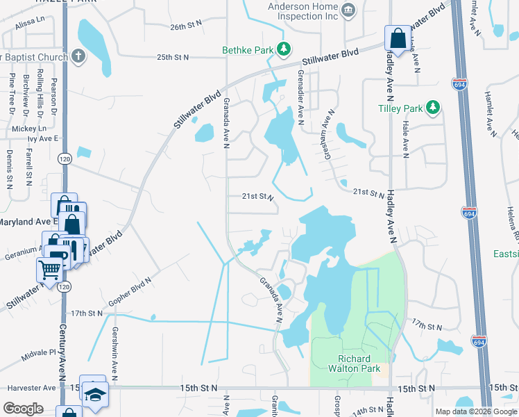 map of restaurants, bars, coffee shops, grocery stores, and more near 6586 21st Street North in Saint Paul
