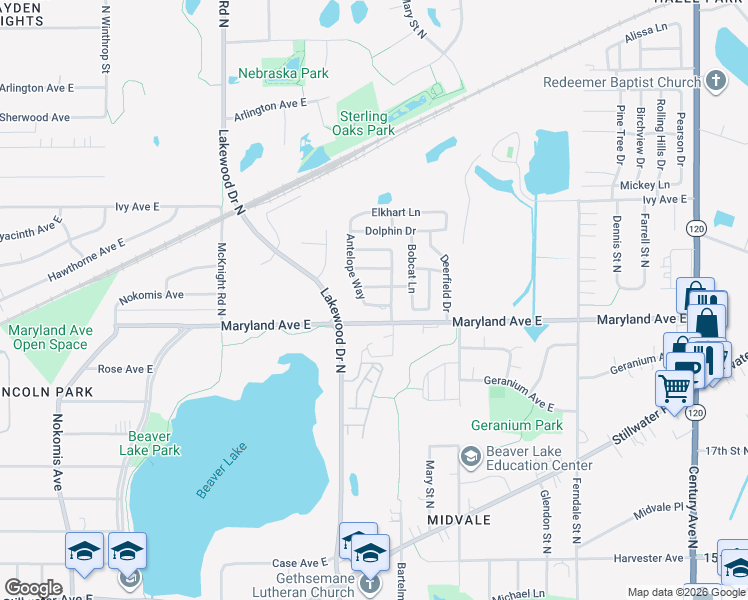 map of restaurants, bars, coffee shops, grocery stores, and more near 2421 Amberjack Lane in Saint Paul