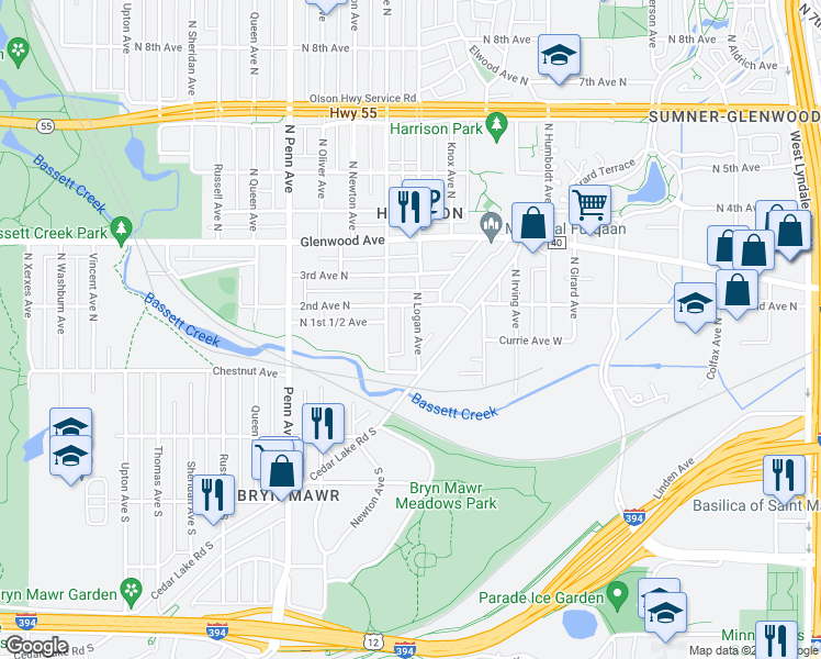 map of restaurants, bars, coffee shops, grocery stores, and more near 1717 North 2nd Avenue in Minneapolis