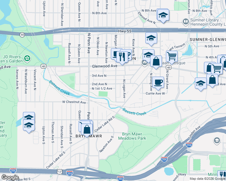 map of restaurants, bars, coffee shops, grocery stores, and more near 241 North Morgan Avenue in Minneapolis