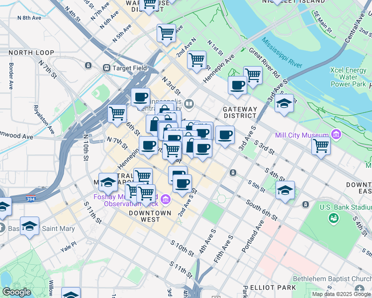 map of restaurants, bars, coffee shops, grocery stores, and more near 60 South 6th Street in Minneapolis