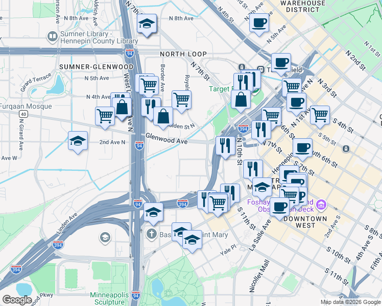 map of restaurants, bars, coffee shops, grocery stores, and more near 1200 Currie Avenue in Minneapolis