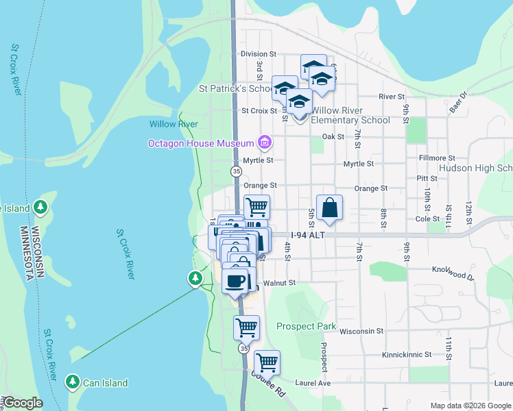 map of restaurants, bars, coffee shops, grocery stores, and more near 803 3rd Street in Hudson