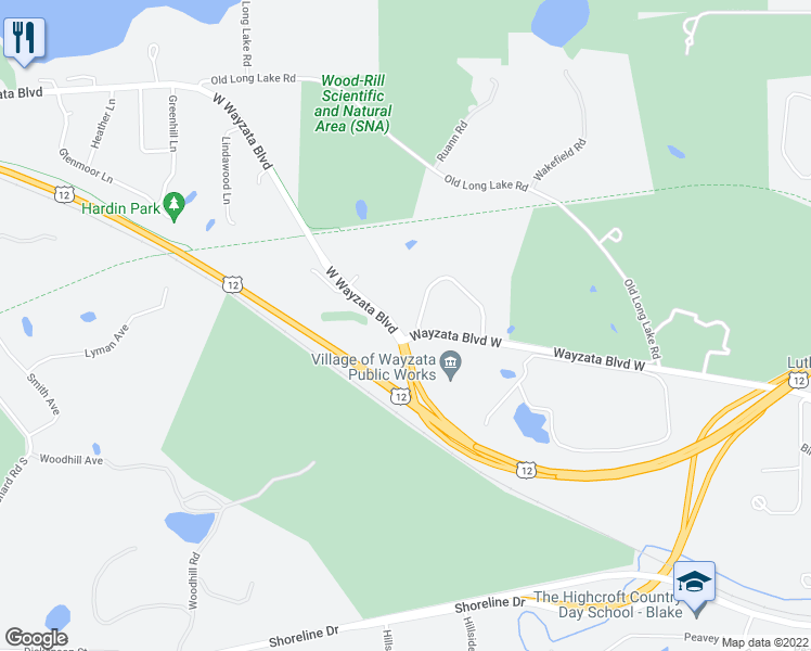 map of restaurants, bars, coffee shops, grocery stores, and more near 630 Wayzata Boulevard in Wayzata