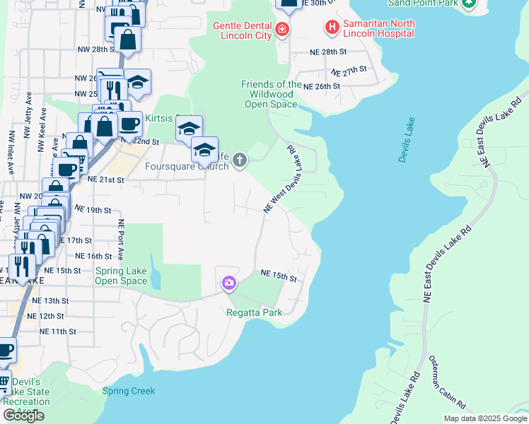 map of restaurants, bars, coffee shops, grocery stores, and more near 1913 Northeast West Devils Lake Road in Lincoln City