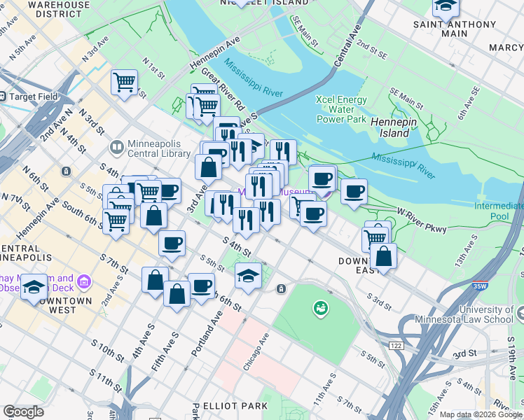 map of restaurants, bars, coffee shops, grocery stores, and more near 767 South 5th Avenue in Minneapolis