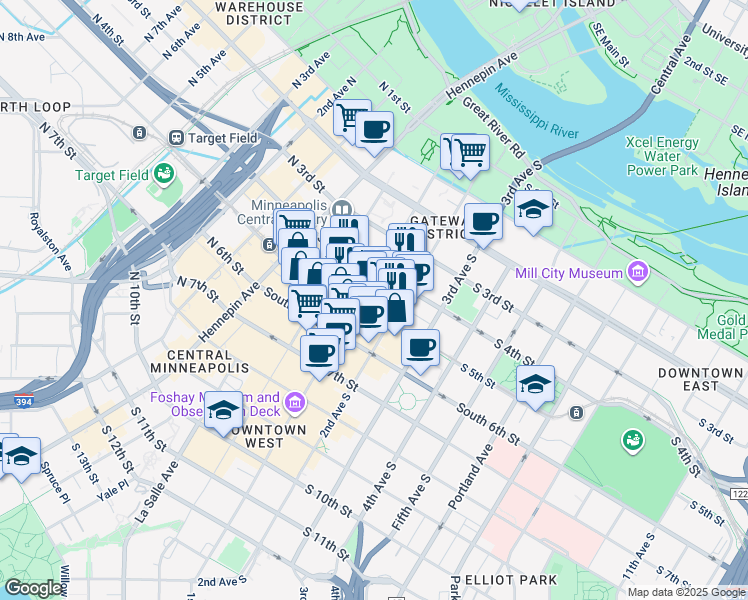 map of restaurants, bars, coffee shops, grocery stores, and more near 409 South Marquette Avenue in Minneapolis