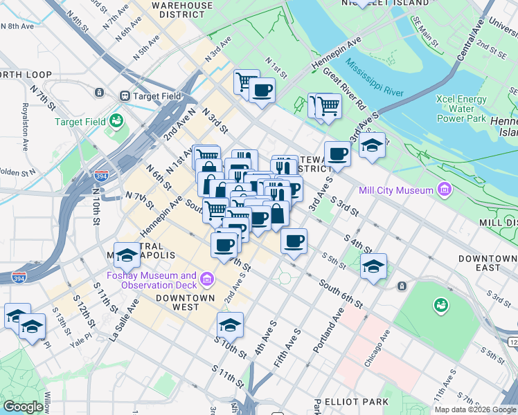 map of restaurants, bars, coffee shops, grocery stores, and more near 100 South 5th Street in Minneapolis