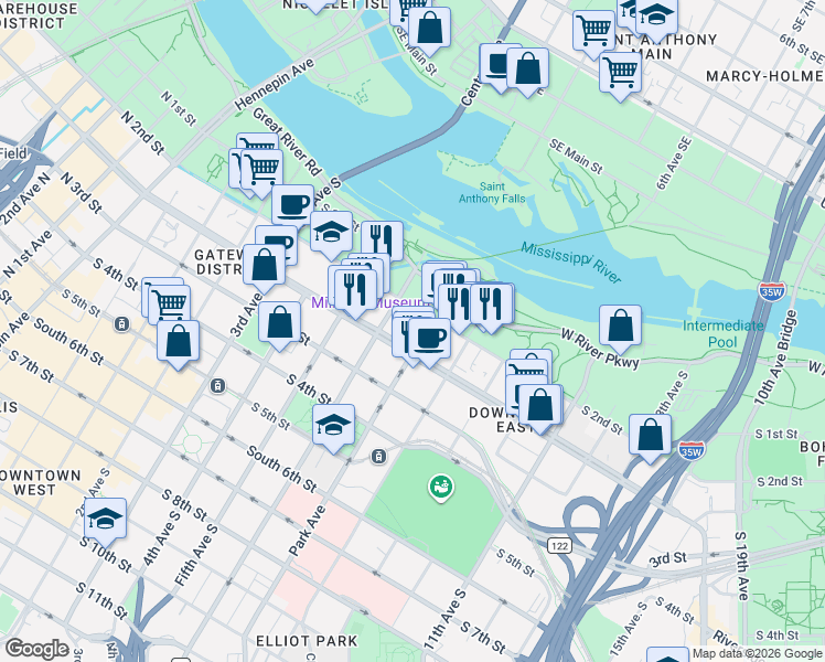 map of restaurants, bars, coffee shops, grocery stores, and more near 600 South 2nd Street in Minneapolis