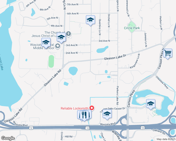 map of restaurants, bars, coffee shops, grocery stores, and more near 15515 Gleason Lake Drive in Minneapolis