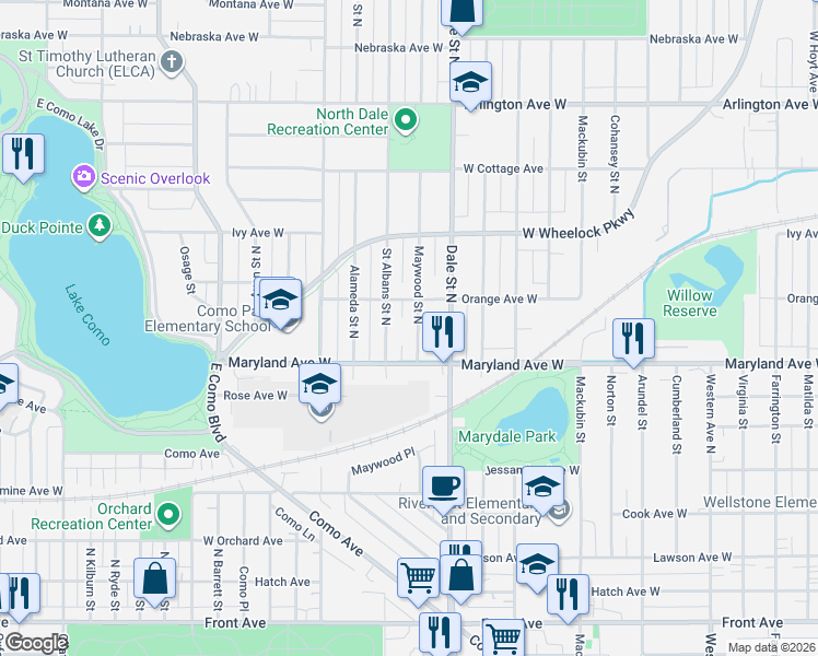map of restaurants, bars, coffee shops, grocery stores, and more near 646 Orange Avenue West in Saint Paul