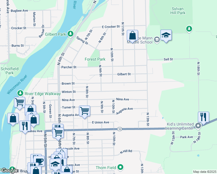 map of restaurants, bars, coffee shops, grocery stores, and more near 930 Brown Street in Wausau