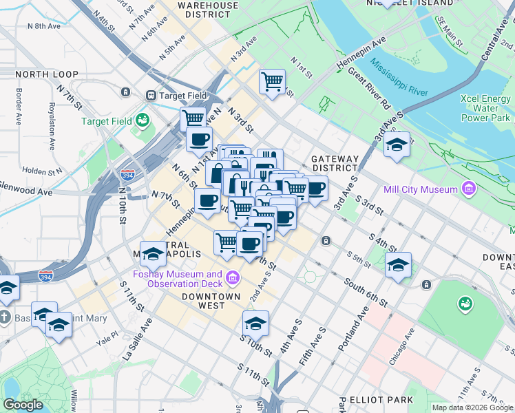 map of restaurants, bars, coffee shops, grocery stores, and more near 465 Nicollet Mall in Minneapolis