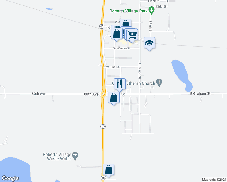 map of restaurants, bars, coffee shops, grocery stores, and more near 309 Pleasant Street in Roberts