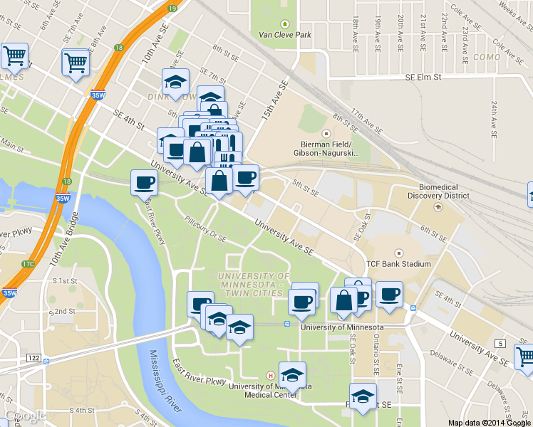map of restaurants, bars, coffee shops, grocery stores, and more near 320 16th Avenue Southeast in Minneapolis