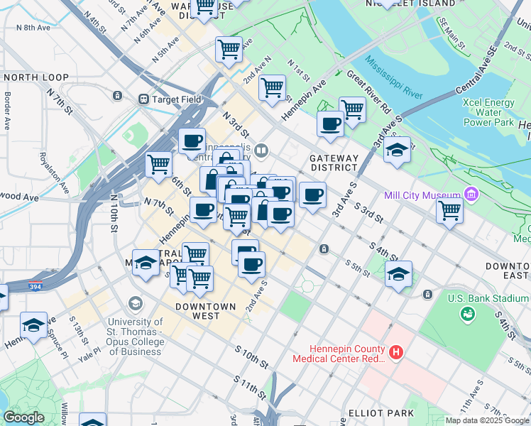 map of restaurants, bars, coffee shops, grocery stores, and more near in Minneapolis