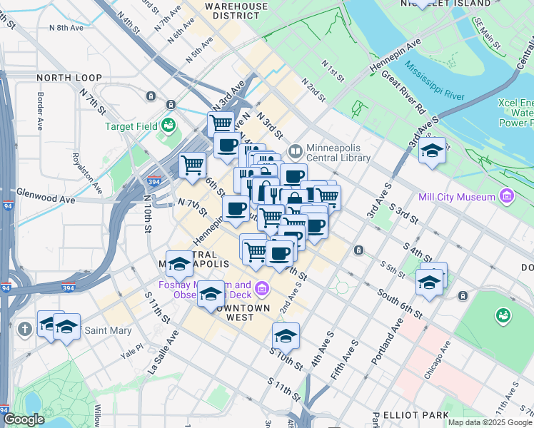 map of restaurants, bars, coffee shops, grocery stores, and more near 29 South 5th Street in Minneapolis