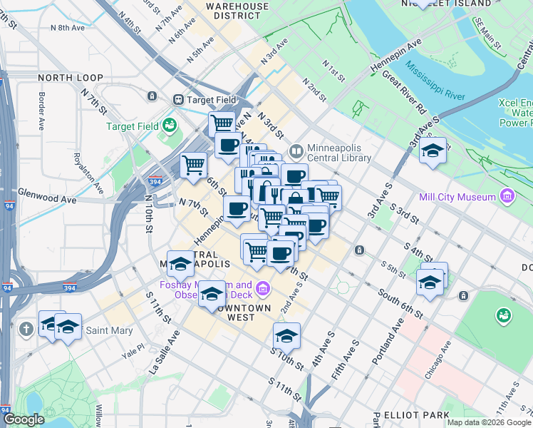 map of restaurants, bars, coffee shops, grocery stores, and more near 50 South 6th Street in Minneapolis