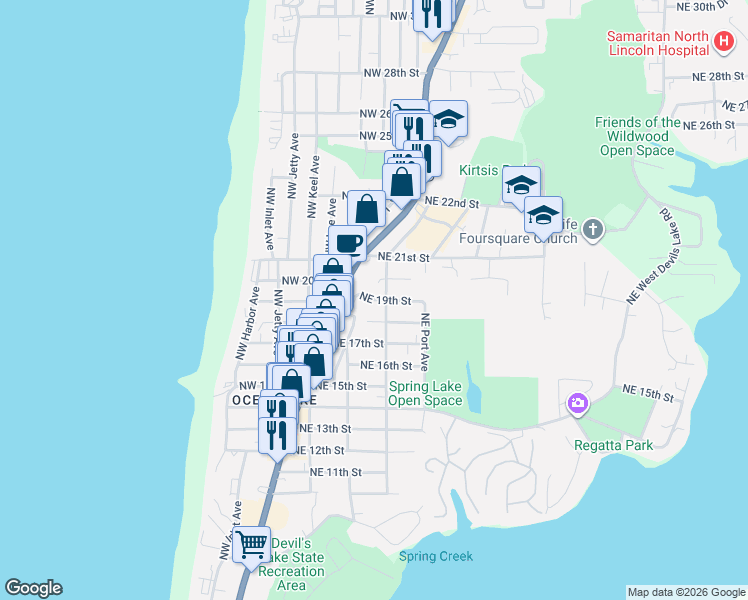 map of restaurants, bars, coffee shops, grocery stores, and more near 1937 Northeast Oar Avenue in Lincoln City