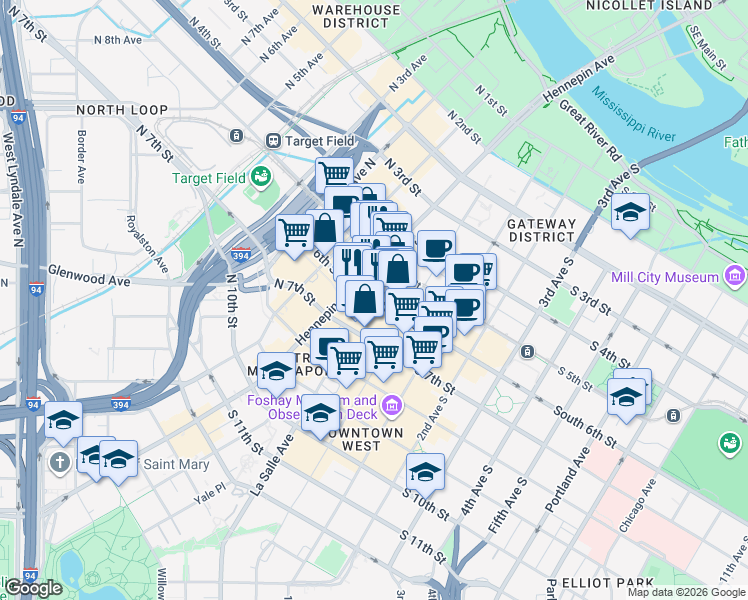 map of restaurants, bars, coffee shops, grocery stores, and more near 12s South 6th Street in Minneapolis