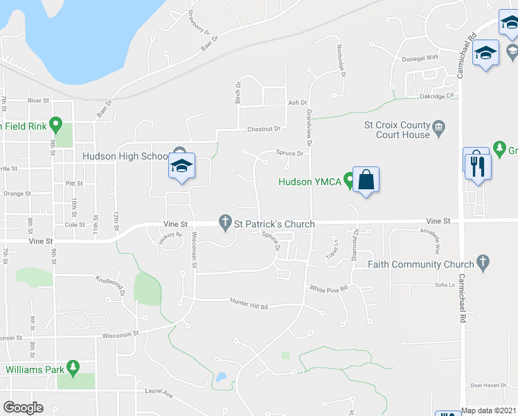 map of restaurants, bars, coffee shops, grocery stores, and more near Spruce Drive in Hudson