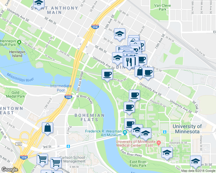 map of restaurants, bars, coffee shops, grocery stores, and more near 56 East River Road in Minneapolis