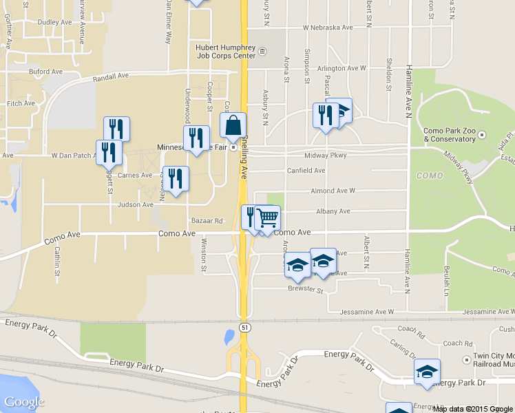 map of restaurants, bars, coffee shops, grocery stores, and more near 1564 Almond Avenue in Saint Paul
