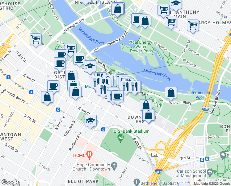 map of restaurants, bars, coffee shops, grocery stores, and more near 600 South 2nd Street in Minneapolis
