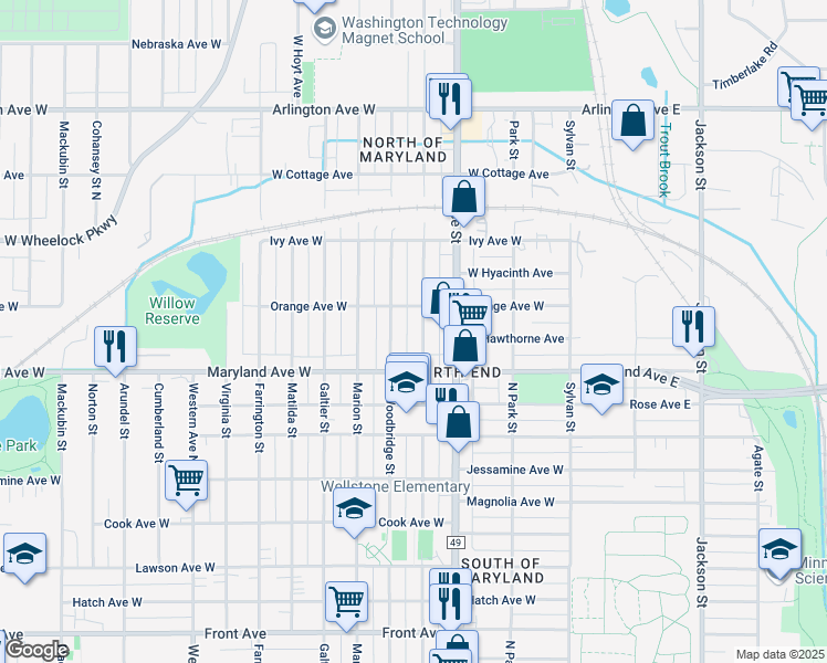 map of restaurants, bars, coffee shops, grocery stores, and more near 1256 North Woodbridge Street in Saint Paul