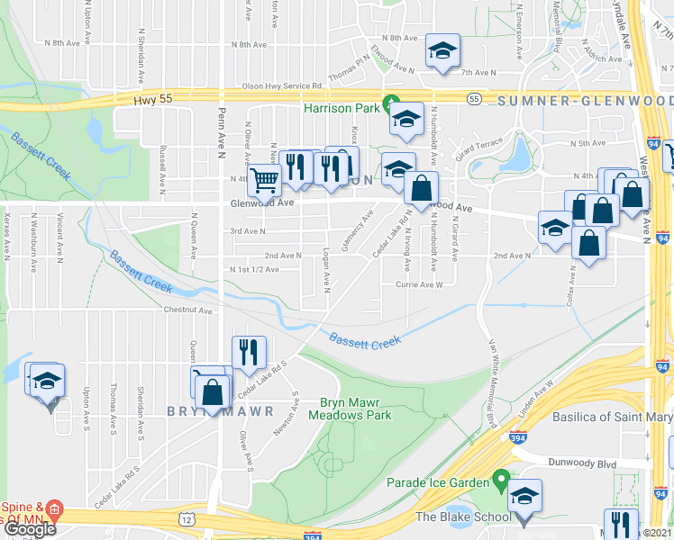 map of restaurants, bars, coffee shops, grocery stores, and more near 1717 North 2nd Avenue in Minneapolis