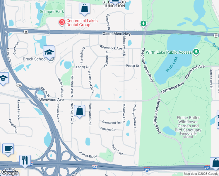 map of restaurants, bars, coffee shops, grocery stores, and more near 4140 Leber Lane in Golden Valley